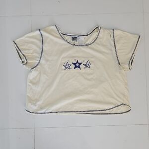 Mixed Blues Pale Yellow Short Sleeve Crop Tee with Blue Star Design Size Large